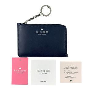 NEW Kate Spade Kali Medium L-Zip Leather Coin Key Ring Wallet Card Case NAVY